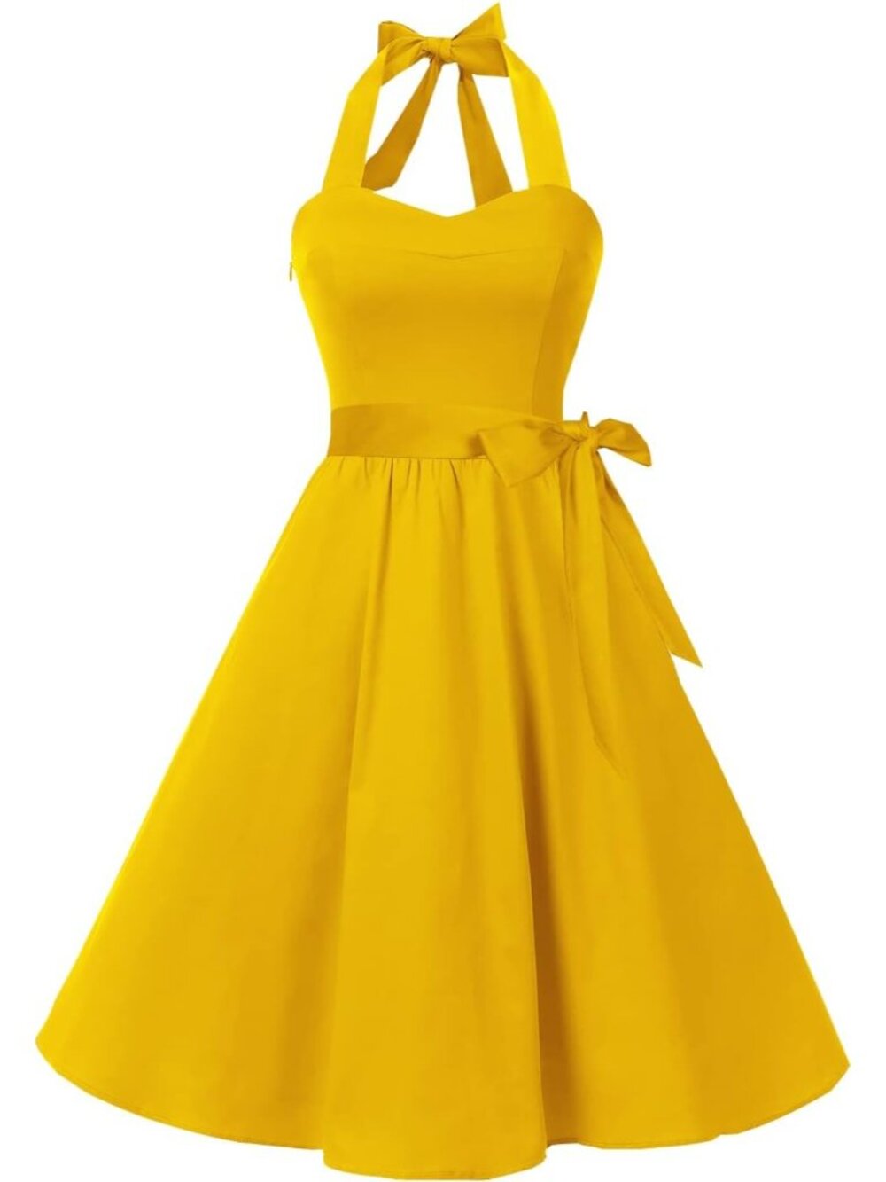 Women's Yellow Halter Neck Vintage Polka Audrey Retro Cocktail Dress